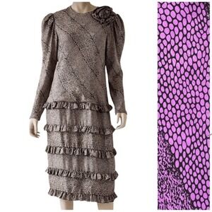 80s VTG Jill Richards Silk Ruffle Dress Long Sleeve Party Cocktail Dress 12